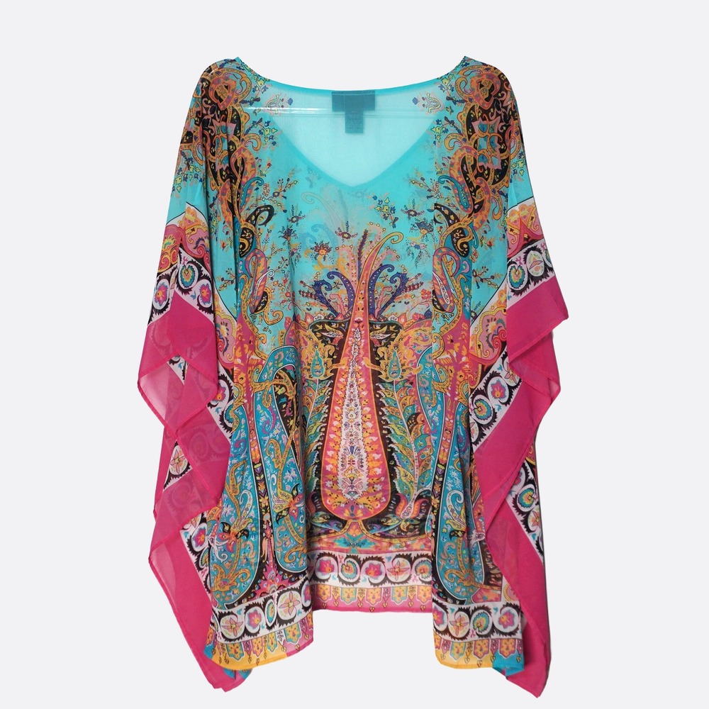 Lane Bryant Kaftan Top Turquoise Pink Plus 2X 3X Paisley Sheer Poncho Blouse - Picture 3 of 7